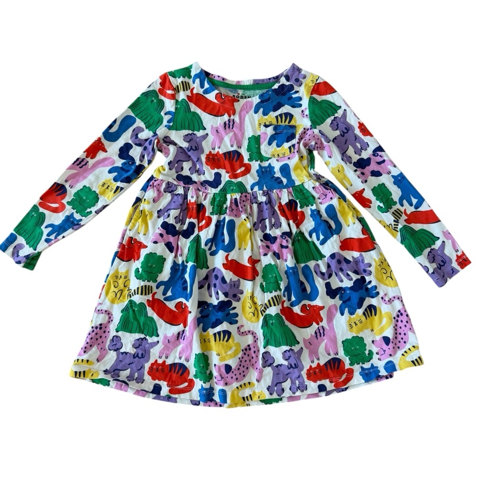 Mini Boden Colorful Animal Print Pets Cats Long Sleeve Dress Girls 7-8 Years